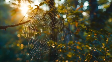 A spider weaving its web in the morning light, dew on the web sparkling, with a soft-focus background of the woods - obrazy, fototapety, plakaty