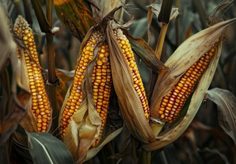 Corn cobs close-up amid corn plantation. Field view