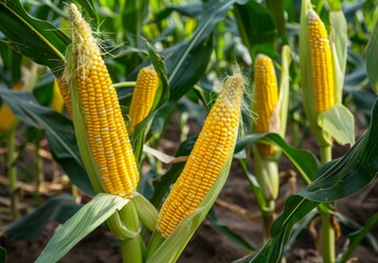Corn cobs close-up amid corn plantation. Field view