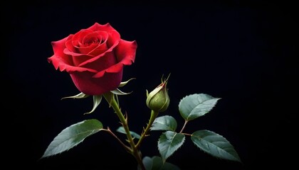 Obraz premium Single deep scarlet red rose macro close-up on dark black background