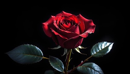 Single deep scarlet red rose macro close-up on dark black background - obrazy, fototapety, plakaty