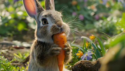 A rabbit standing on two legs eating a carrot. The setting is in a lush garden