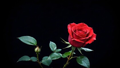 Naklejka premium Single deep scarlet red rose macro close-up on dark black background