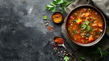 Okro soup on a stone table, spices next to it.