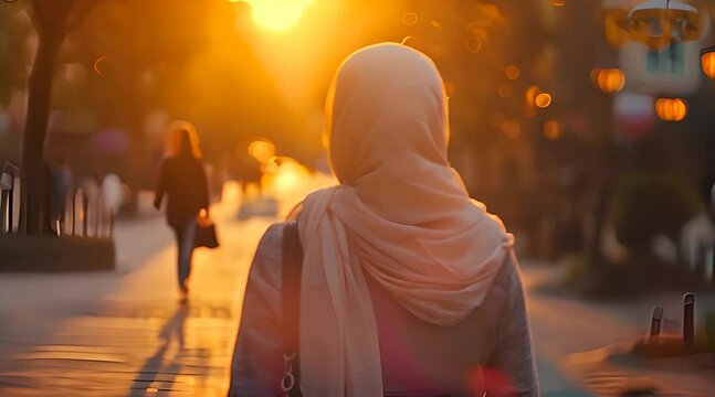 back view. hijab woman walking on city streets with bokeh background