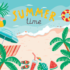 Summer time poster with sea beach.Colorful background with sandy shore, palm trees, watermelon, flip-flops, cocktail, beach ball, sun umbrella, blanket.Vector design for use in card, banner template.
