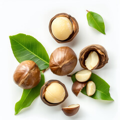 Macadamia nuts with leaves on a white background