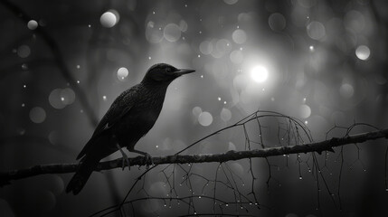 Naklejka premium A monochrome image of a bird perched on a branch, raindrops peppering the ground behind it