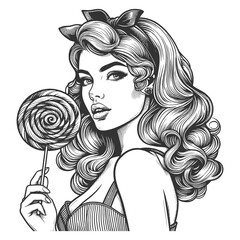 Pin-up girl woman eats swirl lollipop, evoking a sweet nostalgia sketch engraving generative ai fictional character vector illustration. Scratch board imitation. Black and white image. - 795749960