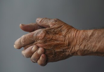 Anonymous person, grey background, suffering from arthritis, touching wrist, close-up