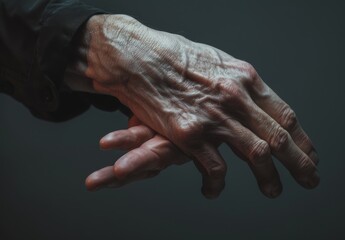 Fototapeta premium Anonymous person, grey background, suffering from arthritis, touching wrist, close-up
