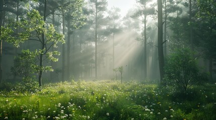 a forest with a lot of trees and flowers in the grass and sunbeams shining through the trees,