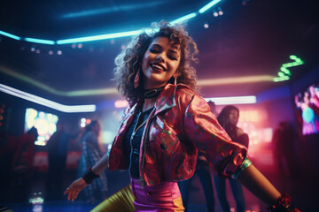 Smiling Girl Dancing in 80s-Style Neon Disco