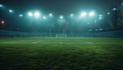 a soccer field with lights and grass in the middle of it at night time