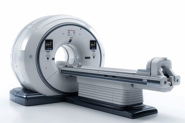 Magnetic resonance machine isolated on white background. MRI with no humans. Device for disease detection, diagnosis, and treatment monitoring.
