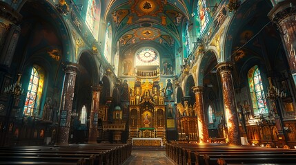 Obraz premium a church with a large stained glass window and a clock on the wall and a wooden pew in the center..