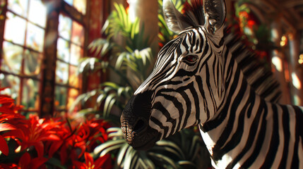 Fototapeta premium A tight shot of a zebra facing a window, red flowers in the foreground, and a potted plant in the background