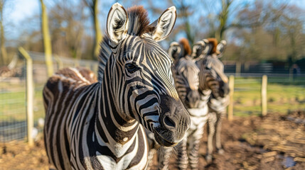 Fototapeta premium A herd of zebras stands together on a dirt field, adjacent to a fenced area