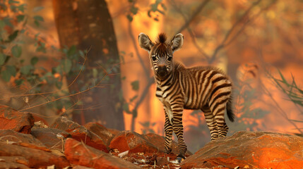 Fototapeta premium A baby zebra atop a rocky mound, near a forest of green and orange-hued trees