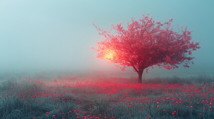 a tree in a field with a red light shining on it's branches and a foggy sky..