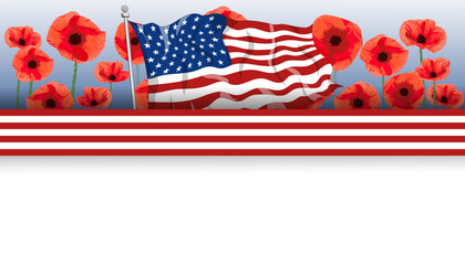 american flag and poppy flowers, USA patriotic banner, background, web, greeting card, poster, holiday cover, label, flyer, layout. Patriotic Social media print for presentation, information