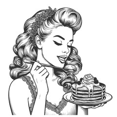 pin-up girl with delicious stack of pancakes sketch engraving generative ai fictional character vector illustration. Scratch board imitation. Black and white image. - 795751121