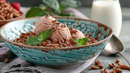   A bowl overflowing with ice cream, topped with nuts, beside a glass of milk, accompanied by a spoon