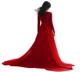 Rear or back view of a young woman with black hair wearing a long red dress, female person isolated on transparent background, model from behind