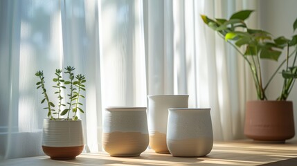 a group of three vases sitting on top of a table next to a window with a plant in it..