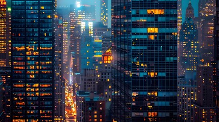 A vivid night scene showing a row of corporate buildings, each floor aglow with lights, set against a backdrop of a bustling urban environment. - obrazy, fototapety, plakaty