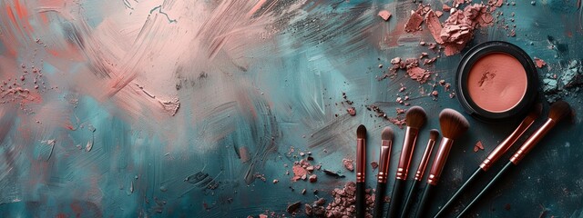 a table with cosmetics and brushes on it