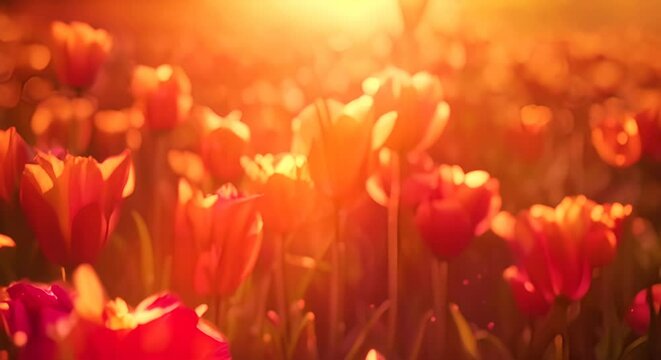 Slow-motion video of a field of tulips swaying in the breeze, with vibrant blooms dancing like flames in a field of grass. -
