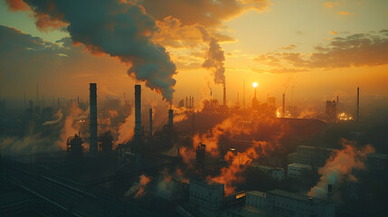 Factory with Large Pipes and Smoke Pollutes,
At sunset the plant releases smoke and smog from its pipes resulting in pollutants being released in
 - obrazy, fototapety, plakaty