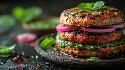 Foto op Plexiglas   Close-up of a burger on a black surface Onion slices and herbs scatter the plate A lush green garnish of leafy herbs crowns the dish © Olga
