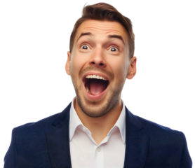 Happy and excited young businessman with shocked and surprised face expression, open mouth, isolated on transparent background. Manager or entrepreneur, employee promotion achievement success