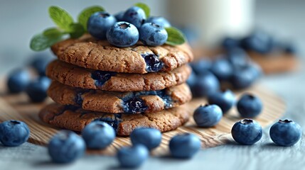   A wooden cutting board holds a stack of blueberry cookies, surrounded by fresh blueberries and a nearby glass of milk