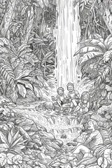 A monochrome illustration of a cascading waterfall, featuring rocks and trees in the background