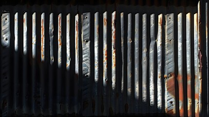 Abstract composition of shadows and light on a corrugated iron wall, captured in high definition for a dramatic effect