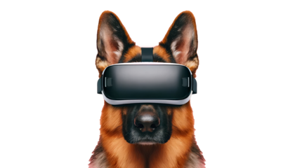 German Shepherd dons VR headset, a witty take on tech-savvy pets