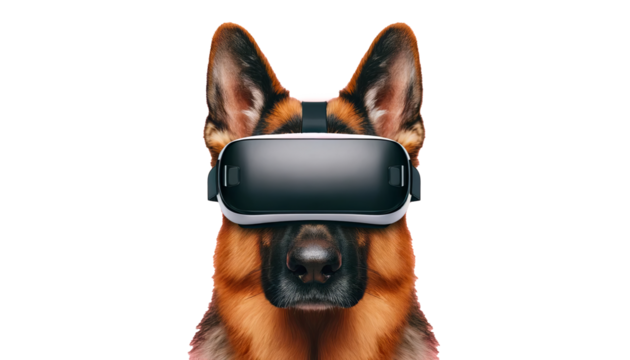 German Shepherd dons VR headset, a witty take on tech-savvy pets