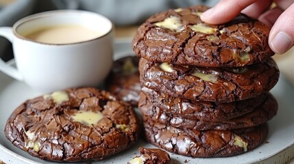   A stack of chocolate cookies on a white plate, adjacent to a cup of coffee on a table