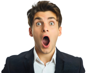 Happy and excited young businessman with shocked and surprised face expression, open mouth, isolated on transparent background. Manager or entrepreneur, employee promotion achievement success