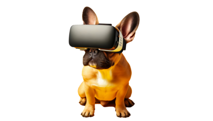 French Bulldog experiences virtual reality, a concept for tech-savvy pet lovers and innovative marketing campaigns, resonating with fun, futurism, and animal care awareness