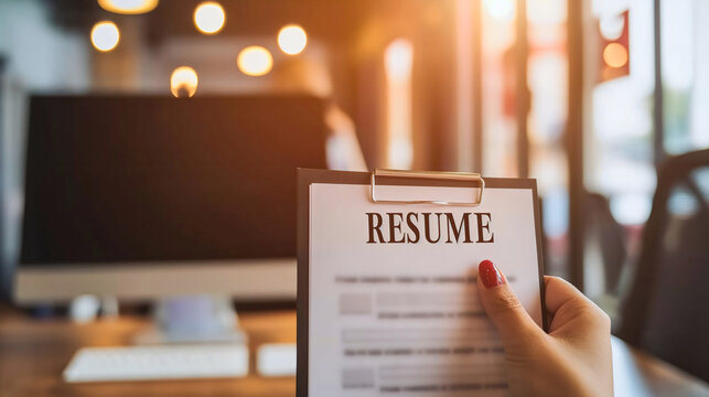 Businesswoman holding the resume document on the office desk or table. Professional CV curriculum vitae for company career work recruitment and employment. Corporate interview candidate, copy space