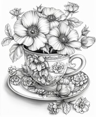 Elegant Floral Arrangement in Teacup Pencil Sketch