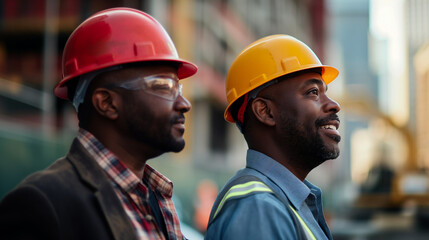 Blue collar worker and man in suit, shown in profile, smiling, buildings and construction 