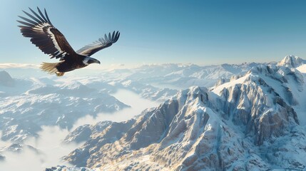 An 8K wallpaper featuring a majestic eagle soaring high above a mountainous landscape under a clear blue sky