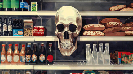 Death skull on the shelf in retail store supermarket with unhealthy junk fast food foods and drinks, including sodas and white bread. Tasty groceries, high in calories - obrazy, fototapety, plakaty