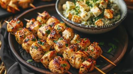   A table holds a plate of chicken skewers, a bowl of rice, and a separate bowl for salad