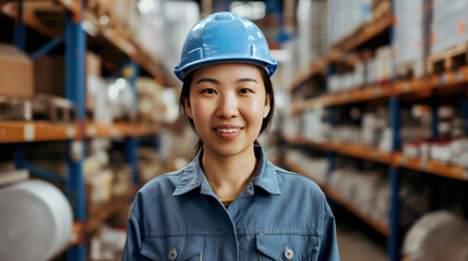 Beautiful young Asian woman wearing blue helmet, female warehouse worker with hardhat smiling. Shipping and delivery business manager, industry logistics employee on the job or at work